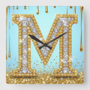Luxus-Diamant-Buchstabe M auf goldenem Glitter-Hin Quadratische Wanduhr
