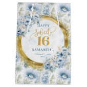 Luxus Dusty Blue Sweet 16 Gold Glitzer Geschenktas Mittlere Geschenktüte (Rückseite)