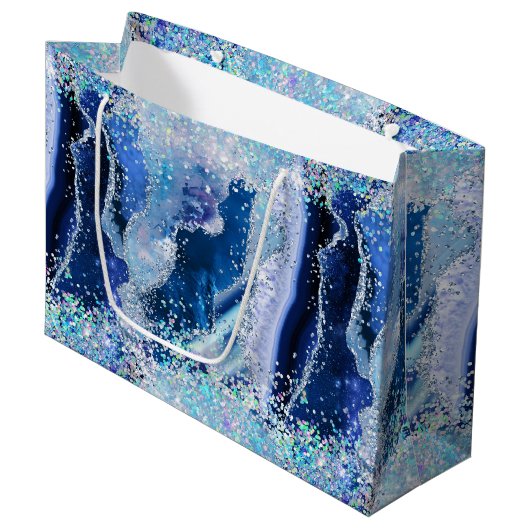 Luxus Edelstein Marmor Blau Glitter Achat Große Geschenktüte (Vorderseite Schrägansicht)