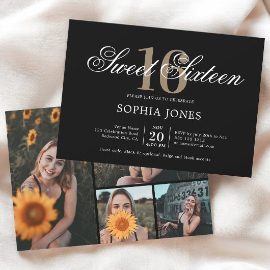 Luxus Elegant Black Sweet 16 Foto Einladung