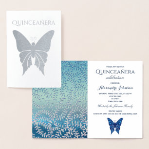 Luxus Elegant Blauer Schmetterling Silver Quincean Folienkarte