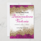 Luxus Elegant Fuchsia Hot Pink & Gold Quinceñera Save The Date (Vorderseite)