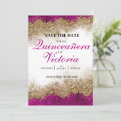 Luxus Elegant Fuchsia Hot Pink & Gold Quinceñera Save The Date (Stehend Vorderseite)