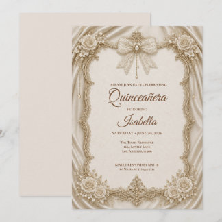 Luxus-Elfenbein-Gold-Bogen Quinceañera Einladung