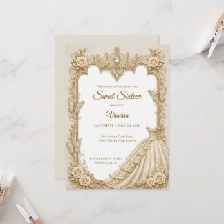 Luxus-Elfenbein-Gold-Prinzessin Sweet 16 Einladung