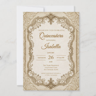 Luxus Elfenbein Gold Spitze Quinceañera Einladung