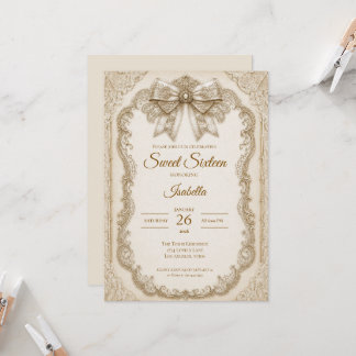 Luxus Elfenbein Gold Spitze Schleife Sweet 16 Einladung