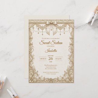 Luxus Elfenbein Gold Spitze Schleife Sweet 16 Einladung