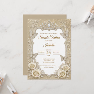 Luxus Elfenbein Gold Spitze Schleife Sweet 16 Einladung