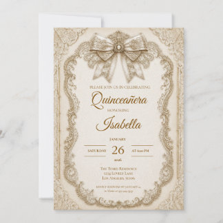 Luxus Elfenbein Gold-Spitzen-Schleife Quinceañera Einladung