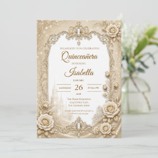 Luxus Elfenbein Gold-Spitzen-Schleife Quinceañera Einladung