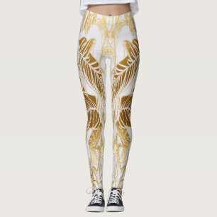 Luxus Elfenbein und Gold Palm Monstera Leaf Leggings