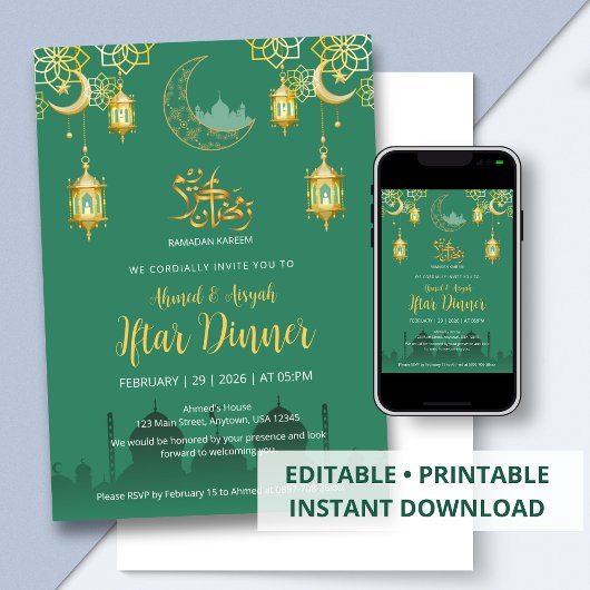 Luxus-Emeraldgrün und Gold-Moschee-Iftar-Dinner  Einladung