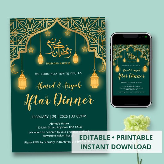 Luxus-Emeraldgrüne und goldene geometrische Iftar- Einladung