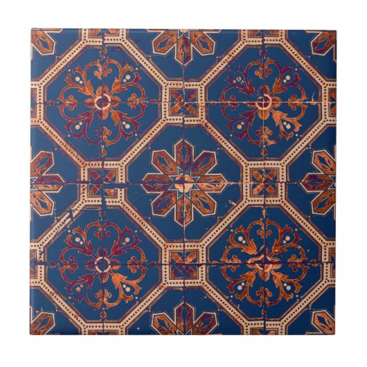 Luxus Ethnic Tile Muster | Blau und Orange Fliese (Vorderseite)