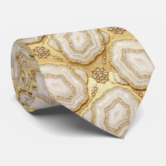 Luxus-Faux-Seide | Weiß + Gold-Geoden-Schlips Krawatte (Gerollt)
