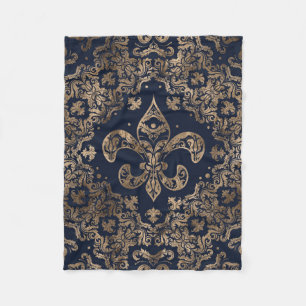 Luxus-Fleur-de-lis-Ornament - Gold und dunkelblau Fleecedecke