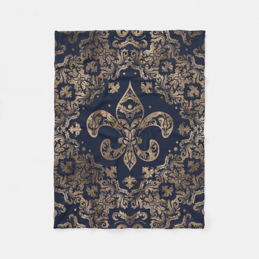 Luxus-Fleur-de-lis-Ornament - Gold und dunkelblau Fleecedecke (Vorderseite)