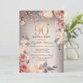 Luxus Floral, Schmetterling, Licht 90. Geburtstag Einladung (Stehend Vorderseite)