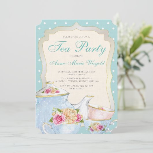 Luxus Floral Tea Party Polka dot Einladung (Stehend Vorderseite)