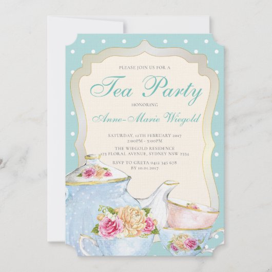 Luxus Floral Tea Party Polka dot Einladung (Vorderseite)