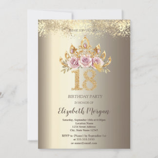 Luxus florale Crown Gold Confetti 18. Geburtstag Einladung