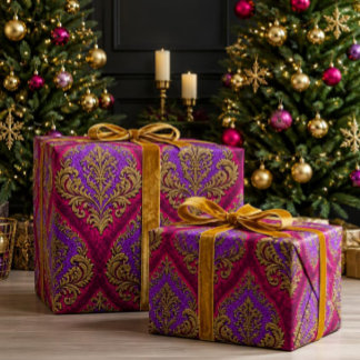 Luxus-Fuchsia, Amethyst und Antik-Gold-Damaskus Geschenkpapier
