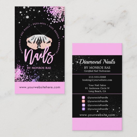 Luxus Glam Pink & Black Nail Salon Nail Stylist Visitenkarte (Vorne/Hinten)