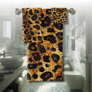 Luxus-Glitter-Gold-Braun-Rost-Leopardenmuster Badhandtuch Set
