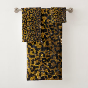 Luxus Glitter Gold Braun Schwarz Leopard Muster Badhandtuch Set