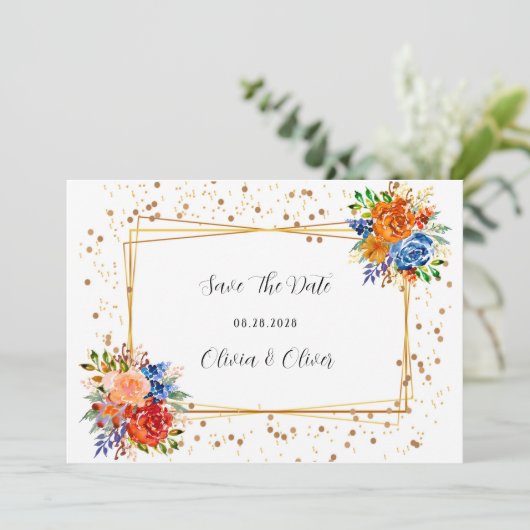 Luxus-Glitzer Blue Orange Floral Save the Date (Stehend Vorderseite)