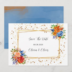 Luxus-Glitzer Blue Orange Floral Save the Date