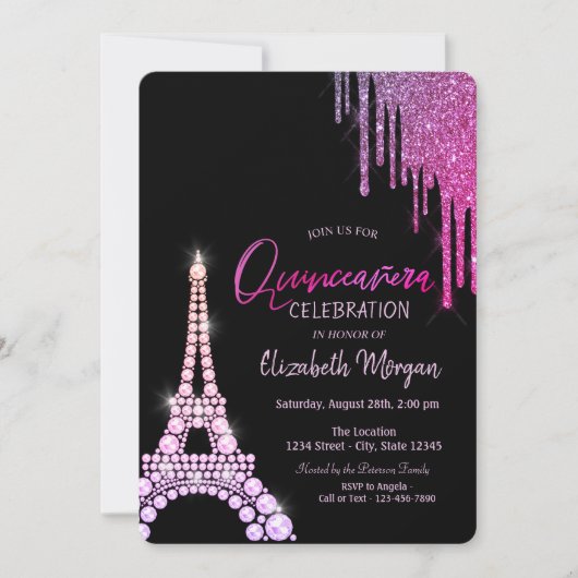 Luxus Glitzer Tropfen Eiffel Tower Quinceñera Einladung (Vorderseite)