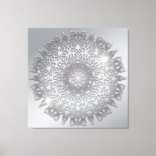 Luxus glühend glänzend Silver Metallic Mandala Leinwanddruck (Vorderseite)