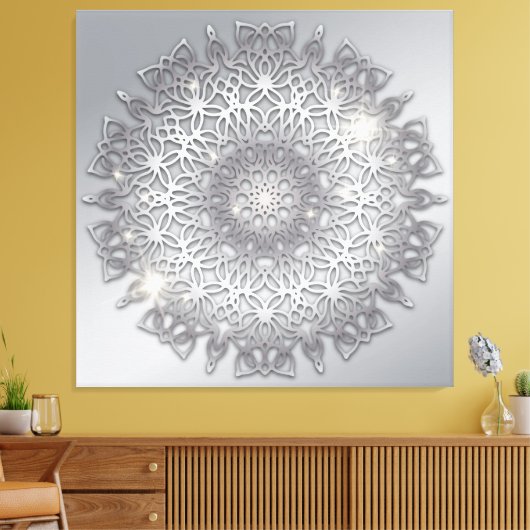 Luxus glühend glänzend Silver Metallic Mandala Leinwanddruck (Insitu (Wohnzimmer))