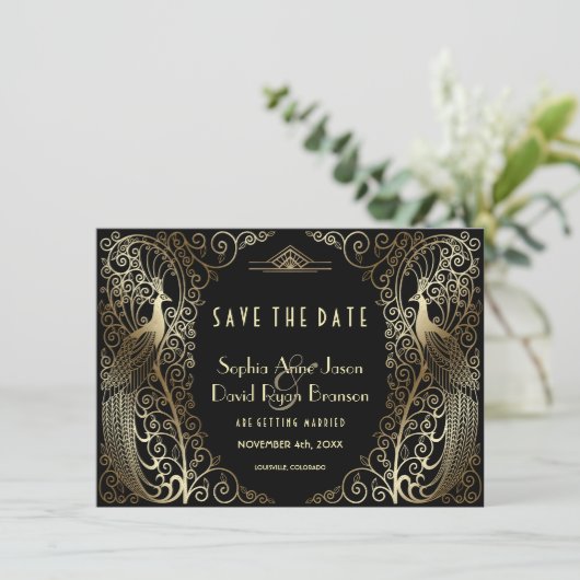 Luxus Gold Art Déco Friedhöfe Save the Date (Stehend Vorderseite)