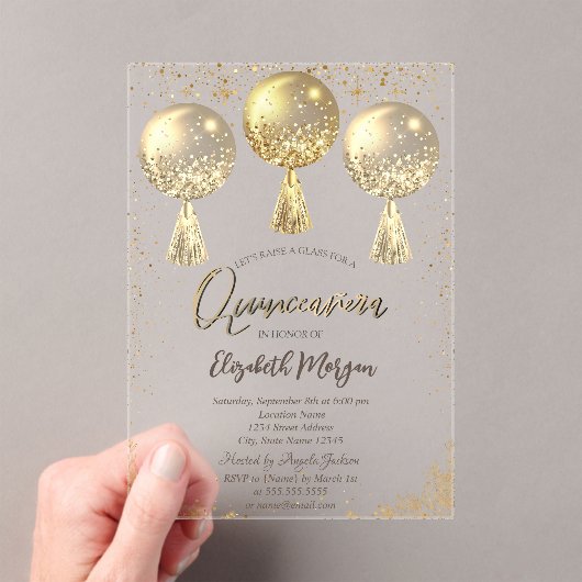 Luxus Gold Balloons Confetti Stars Quinceañera Acryleinladungen (Insitu (Handheld))