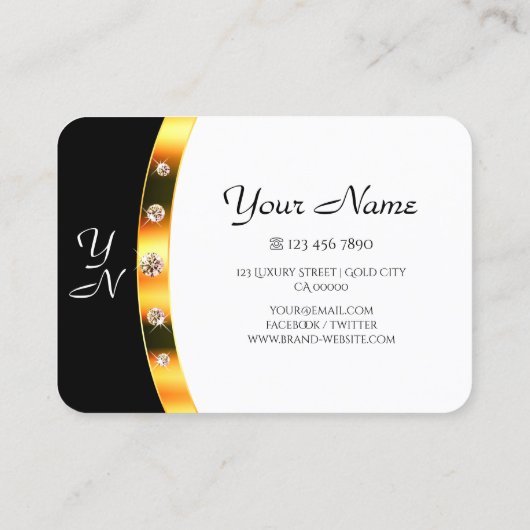 Luxus Gold Black and White Initials Rhinestones Visitenkarte (Rückseite)