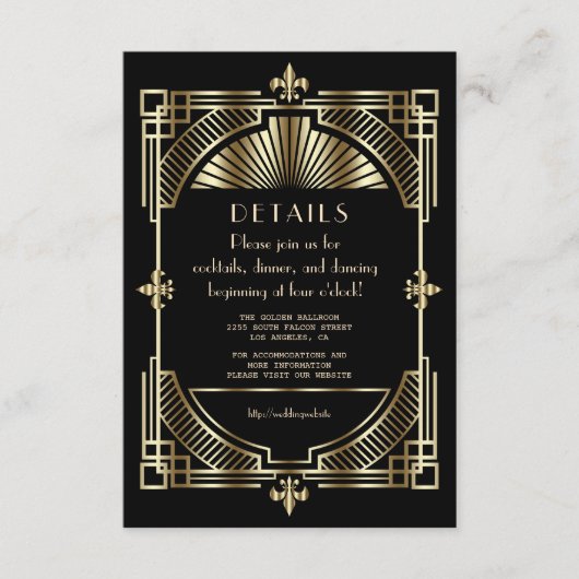 Luxus Gold Black Great Gatsby Hochzeitsempfang Begleitkarte (Vorderseite)