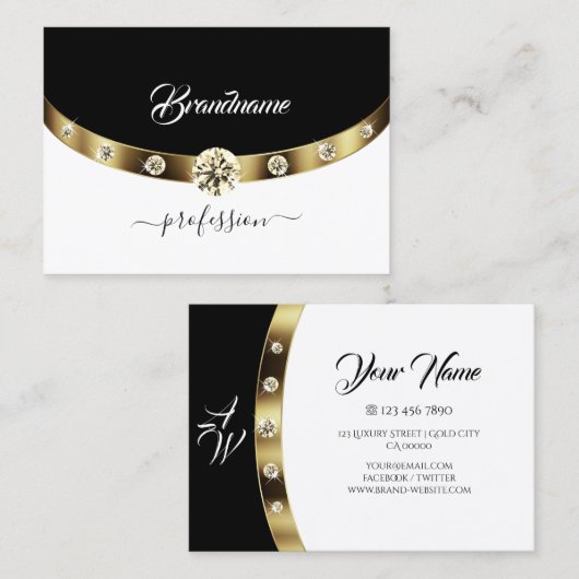 Luxus Gold Black und White Monogram Imitate Diamon Visitenkarte (Vorne/Hinten)