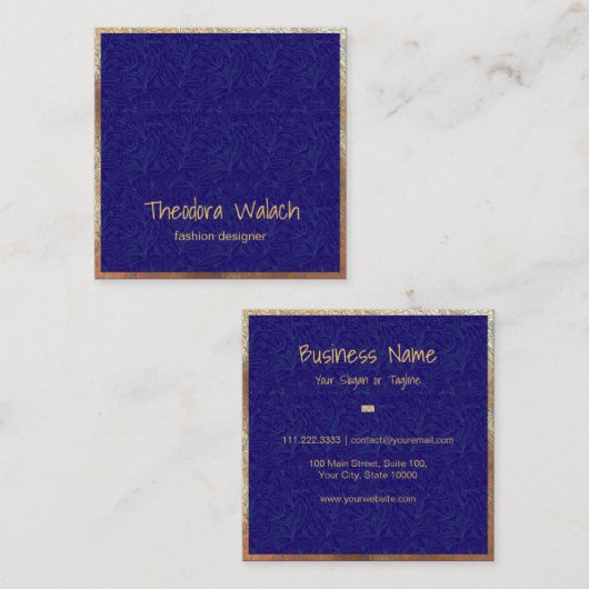 Luxus Gold Blue Floral Beruflich Quadratische Visitenkarte (Vorne/Hinten)