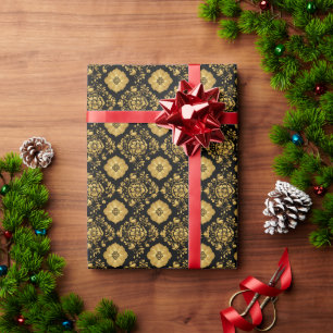 Luxus-Gold-Blumendamask-Muster auf Schwarz Geschenkpapier