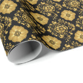 Luxus-Gold-Blumendamask-Muster auf Schwarz Geschenkpapier (Rolleneckpunkt)