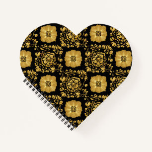 Luxus-Gold-Blumendamask-Muster auf Schwarz Notizblock