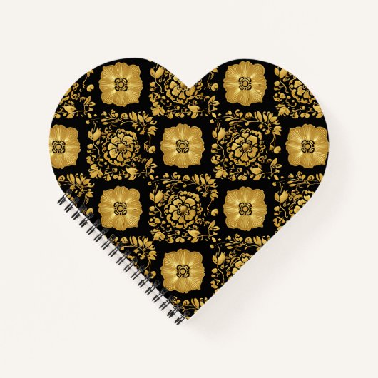 Luxus-Gold-Blumendamask-Muster auf Schwarz Notizblock (Vorderseite)