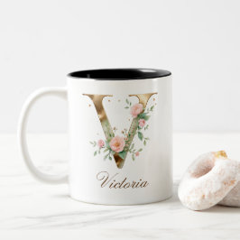 Luxus-Gold-Blumeninitial V Zweifarben-Kaffeetasse Zweifarbige Tasse