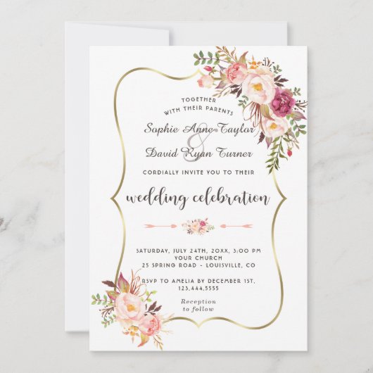 Luxus Gold Blush Pink Floral Burgundy Hochzeit Einladung (Vorderseite)