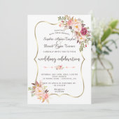 Luxus Gold Blush Pink Floral Burgundy Hochzeit Einladung (Stehend Vorderseite)