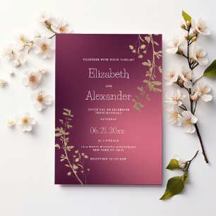 Luxus gold-bordeaux Blumenverlauf Hochzeit Einladung