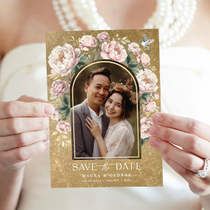 Luxus Gold Chinoiserie Floral Foto Save the Date Einladung